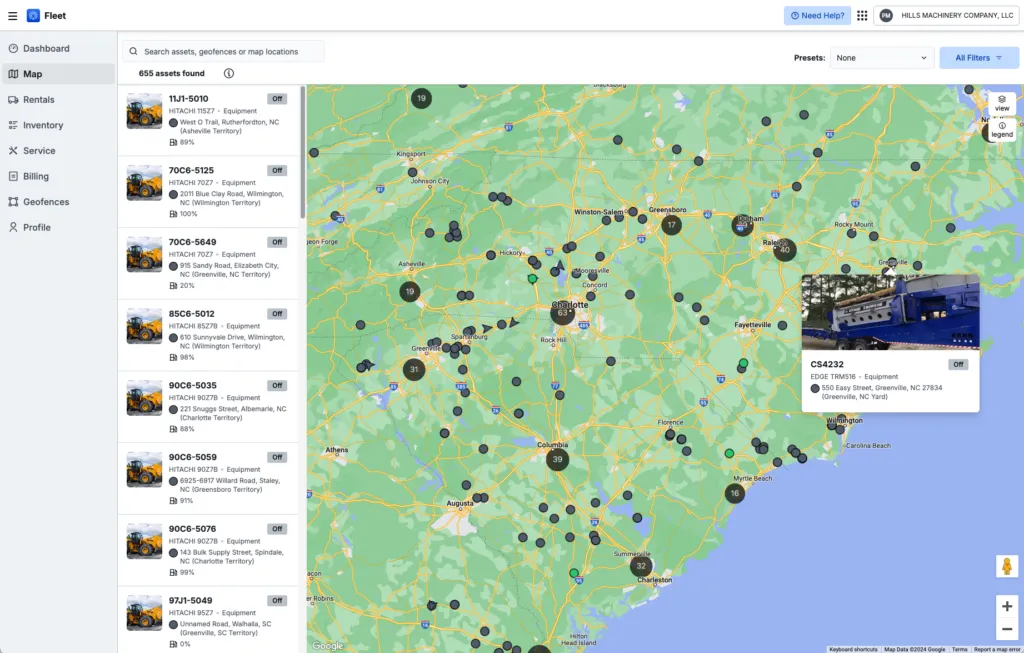 Hills Fleet Management Aggregate Equipment FA VA SC NC Edge Map Screen